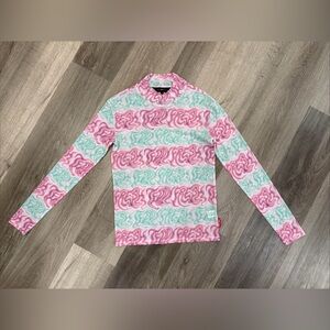 Teddy Fresh Womens Long Sleeve Semi Sheer Logo Top Size MEDIUM Sage/Pink Swirl